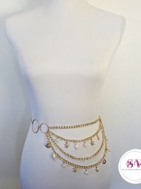 Gold Layered Shell & Pearl Chain Waist Belt